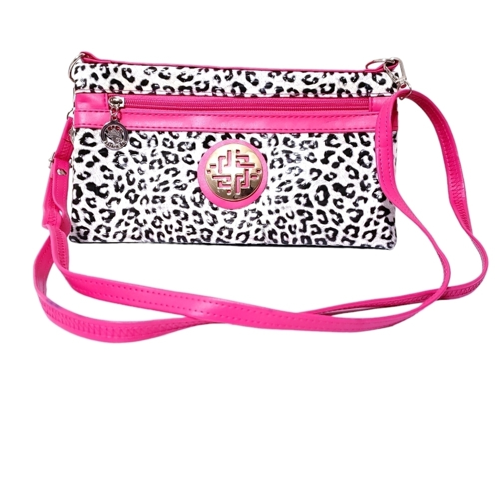​Y2K Pink Leopard Print Crossbody Bag - Triple Zip Multi-Pocket Shoulder Bag
